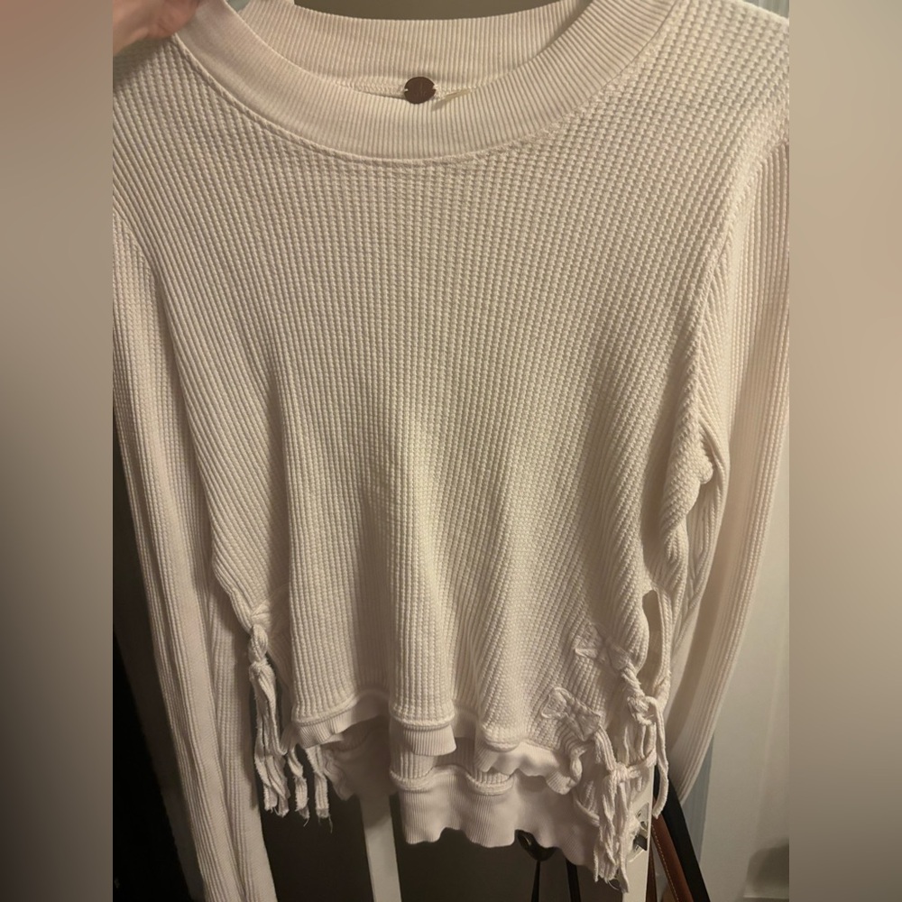 Free People Cream Waffle-Knit Long Sleeve Top with Side Ties